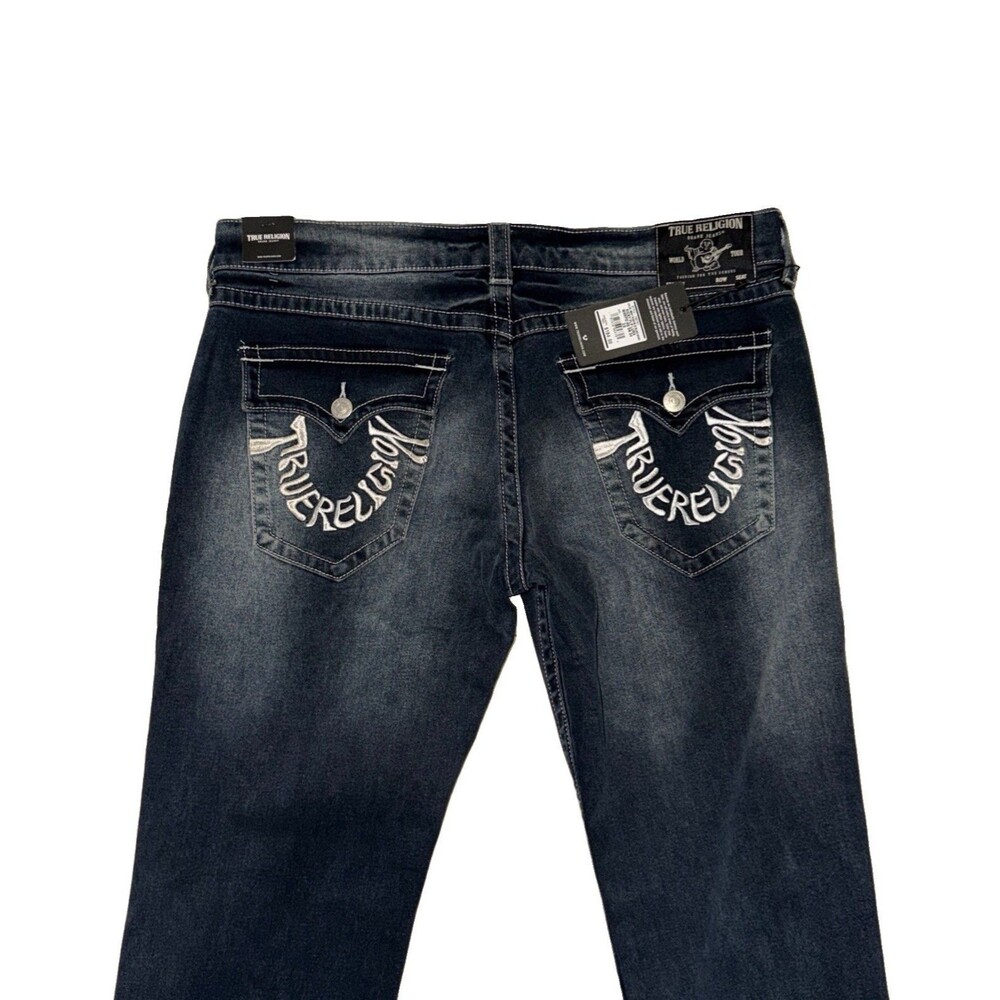 True Religion Embroidered Back Flap Pockets Straight Sz 38x34 Dark Blue Denim